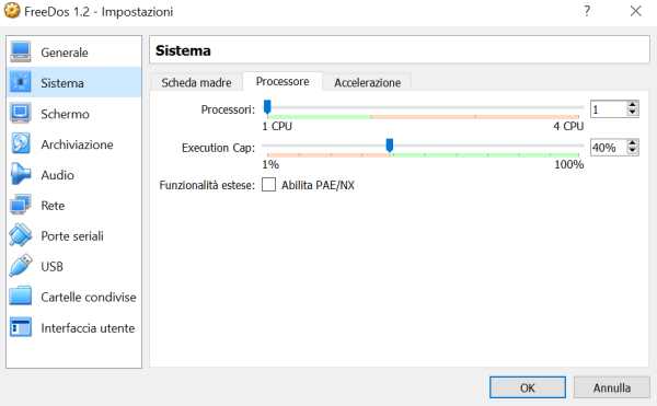 regolare la cpu FreeDos VirtualBox